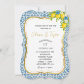 レモ地中海のン&ブルータイル結婚式招待状 招待状 (正面)