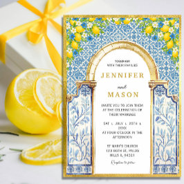 レモ地中海のン&ブルータイル結婚式招待状 招待状