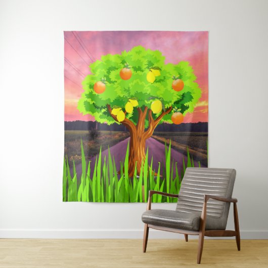 レモ色彩の鮮やかン&オレンジの木 – 抽象芸術ツリー タペストリー (インサイチュ)