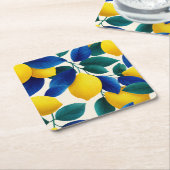 レモ鮮やかンとブルー離れの水彩模様 スクエアペーパーコースター (アングル)