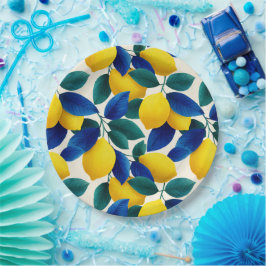 レモ鮮やかンとブルー離れの水彩模様 ペーパープレート