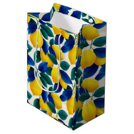 レモ鮮やかンとブルー離れの水彩模様 ミディアムペーパーバッグ