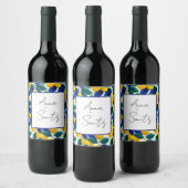 レモ鮮やかンとブルー離れの水彩模様 ワインラベル (ボトル)