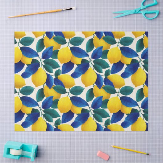 レモ鮮やかンとブルー離れの水彩模様 薄葉紙 (クラフト)