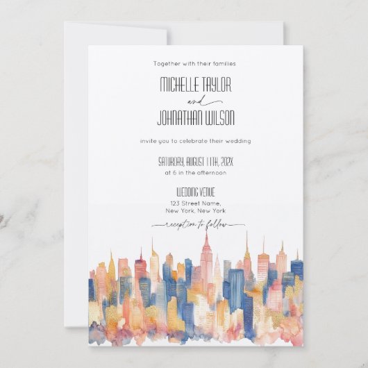 レロニューヨークシティデスティネーションウェディングウォーターカラー 招待状 (正面)