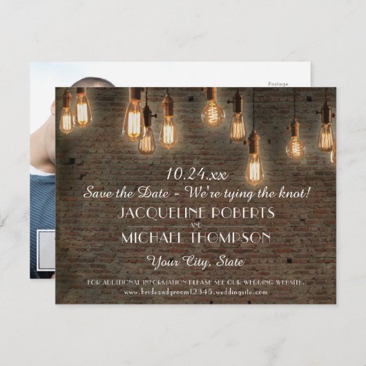 レンガとエジソンのライト日付のはがきを保存 セーブザデート (正面/裏面)