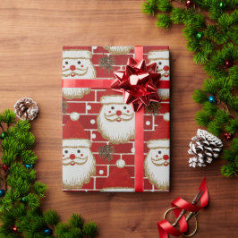 レンガのビンテージ クリスマス サンタの顔 ラッピングペーパー