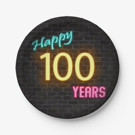 レンガの壁にネオンで100と表示 ペーパープレート (正面)