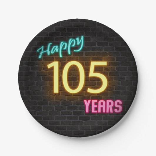 レンガの壁にネオン番号105のサイン ペーパープレート (正面)