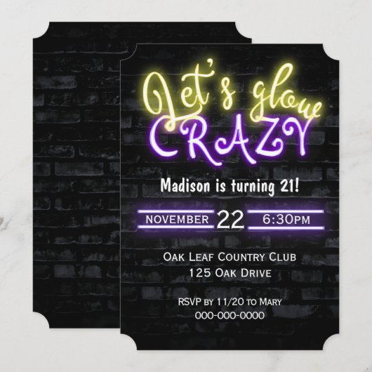 レンガの壁に21歳の誕生日ネオングローサイン 招待状 (正面/裏面)