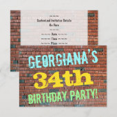 レンガの壁のグラフィティにインスパイアされた34歳の誕生日 + 名前 招待状 (正面/裏面)