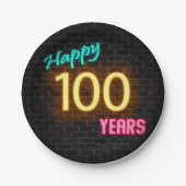 レンガの壁のネオン番号100の標識 ペーパープレート (正面)