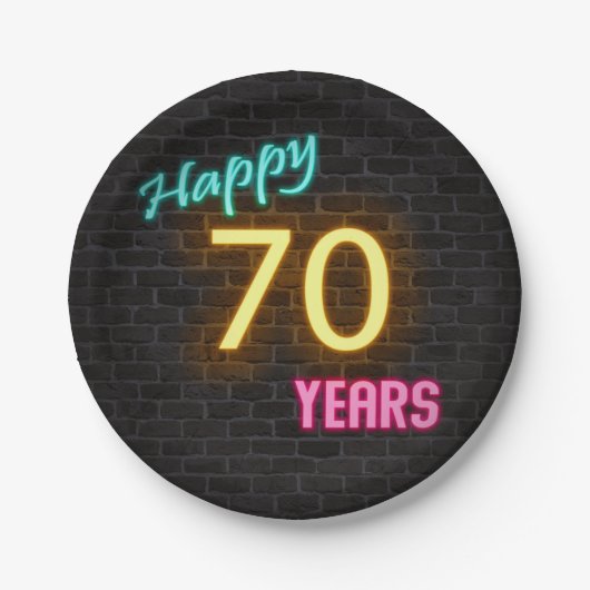 レンガの壁のネオン番号70サイン ペーパープレート (正面)