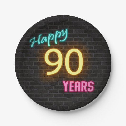レンガの壁のネオン番号90サイン ペーパープレート (正面)