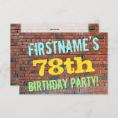 レンガの壁の落書きからインスパイアされた78歳の誕生日+名前 招待状 (正面/裏面)