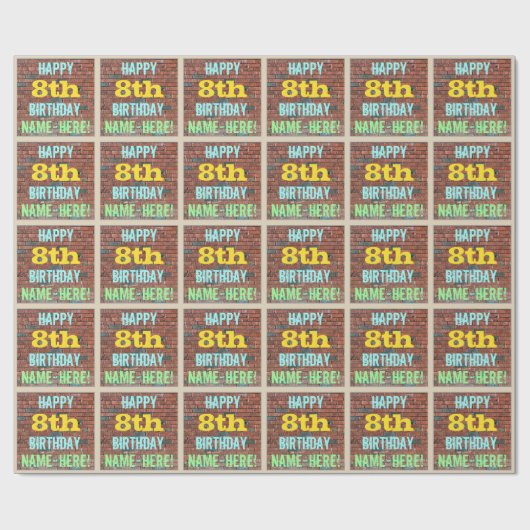 レンガの壁の落書きにインスパイアされた8歳の誕生日 + 名前 ラッピングペーパー (フラット)