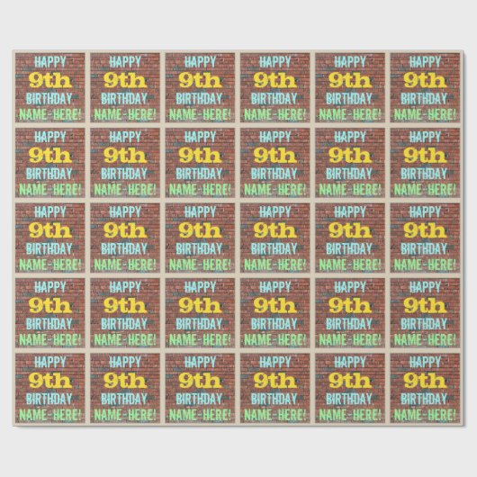 レンガの壁の落書きにインスパイアされた9歳の誕生日 + 名前 ラッピングペーパー (フラット)