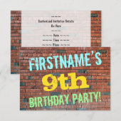 レンガの壁の落書きにインスパイアされた9歳の誕生日 + 名前 招待状 (正面/裏面)