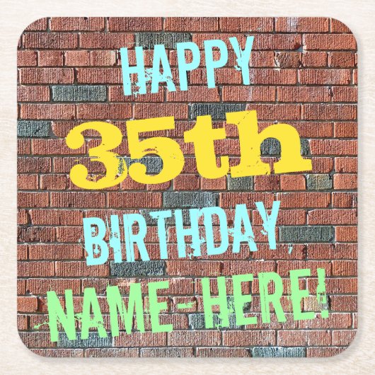 レンガの壁の落書きに着想を得た35歳の誕生日 + 名前 スクエアペーパーコースター (正面)