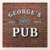 レンガの壁ビアグラスあなたのパブ年を確立 ガラスコースター (正面)