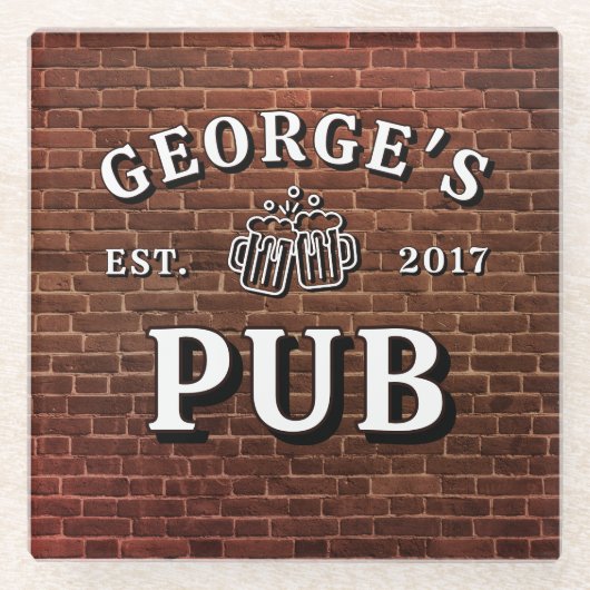 レンガの壁ビアグラスあなたのパブ年を確立 ガラスコースター (正面)
