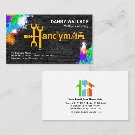 レンガ壁のハンディマンツー絵を描ルズモチーフ（ばちゃばちゃ）跳ねる 名刺 (正面/裏面)