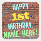 レンガ壁インスパイアグラフィティ1st誕生日+名前 スクエアシール (正面)