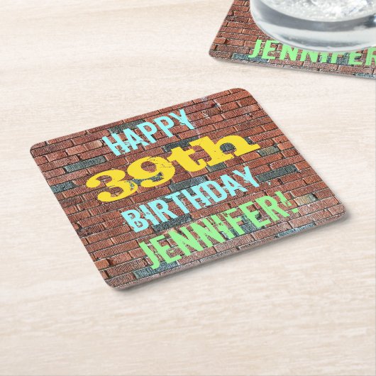 レンガ壁インスパイアグラフィティ39誕生日+名前 スクエアペーパーコースター (アングル)