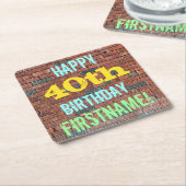 レンガ壁インスパイアグラフィティ40th誕生日+名前 スクエアペーパーコースター (アングル)
