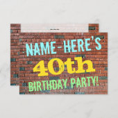 レンガ壁インスパイアグラフィティ40th誕生日+名前 招待状 (正面/裏面)