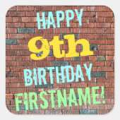 レンガ壁インスパイアグラフィティ9誕生日+名前 スクエアシール (正面)