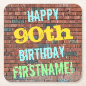 レンガ壁インスパイアグラフィティ90誕生日+名前 スクエアペーパーコースター (正面)
