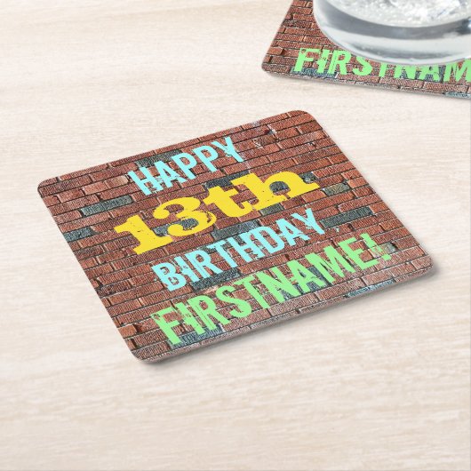 レンガ壁グラフィティインスパイア13誕生日+名前 スクエアペーパーコースター (アングル)