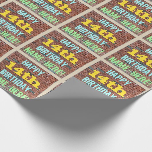 レンガ壁グラフィティインスパイア14誕生日+名前 ラッピングペーパー (角)