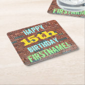 レンガ壁グラフィティインスパイア15誕生日+名前 スクエアペーパーコースター (アングル)