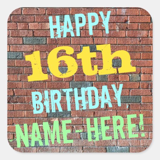 レンガ壁グラフィティインスパイア16誕生日+名前 スクエアシール (正面)