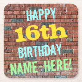 レンガ壁グラフィティインスパイア16誕生日+名前 スクエアペーパーコースター