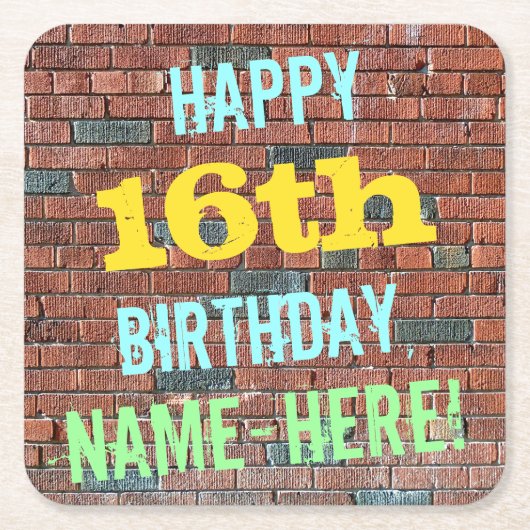 レンガ壁グラフィティインスパイア16誕生日+名前 スクエアペーパーコースター (正面)