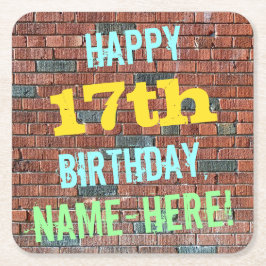 レンガ壁グラフィティインスパイア17誕生日+名前 スクエアペーパーコースター