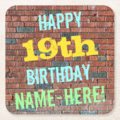 レンガ壁グラフィティインスパイア19誕生日+名前 スクエアペーパーコースター (正面)