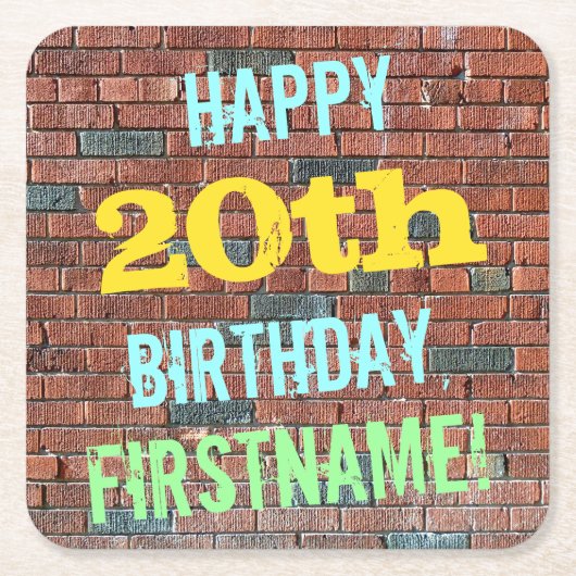 レンガ壁グラフィティインスパイア20誕生日+名前 スクエアペーパーコースター (正面)