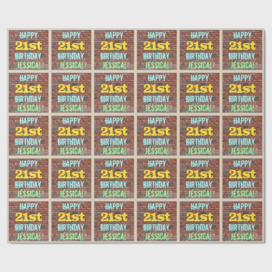 レンガ壁グラフィティインスパイア21歳の誕生日+名前 ラッピングペーパー (フラット)