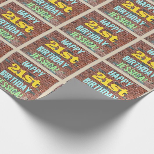 レンガ壁グラフィティインスパイア21歳の誕生日+名前 ラッピングペーパー (角)
