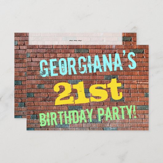 レンガ壁グラフィティインスパイア21歳の誕生日+名前 招待状 (正面/裏面)