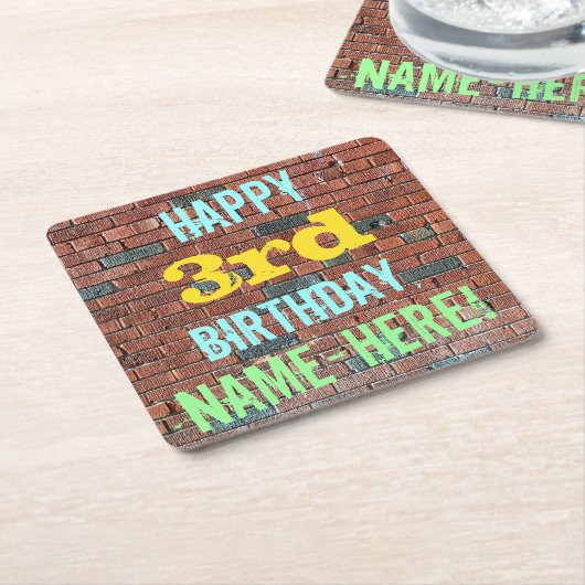 レンガ壁グラフィティインスパイア3回目の誕生日+名前 スクエアペーパーコースター (アングル)