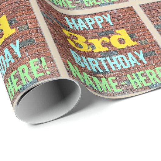 レンガ壁グラフィティインスパイア3回目の誕生日+名前 ラッピングペーパー (ロールコーナー)
