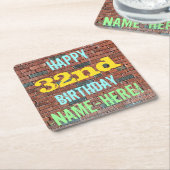 レンガ壁グラフィティインスパイア32番目の誕生日+名前 スクエアペーパーコースター (アングル)