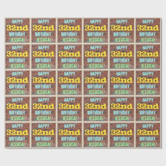 レンガ壁グラフィティインスパイア32番目の誕生日+名前 ラッピングペーパー (フラット)
