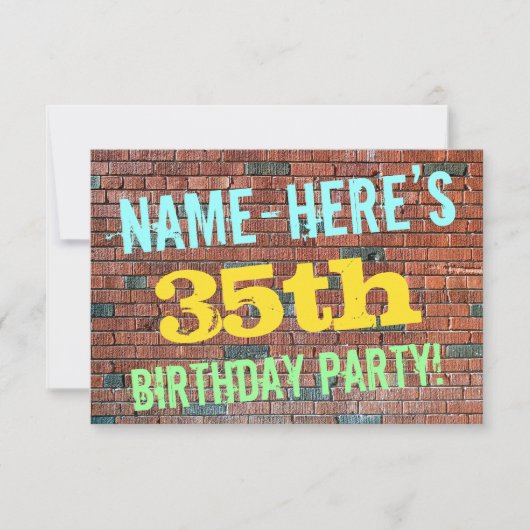 レンガ壁グラフィティインスパイア35誕生日+名前 招待状 (正面)
