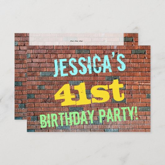 レンガ壁グラフィティインスパイア41誕生日+名前 招待状 (正面/裏面)